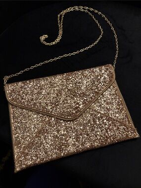 Glitter Envelope Clutch in Rose Gold with Chain Strap